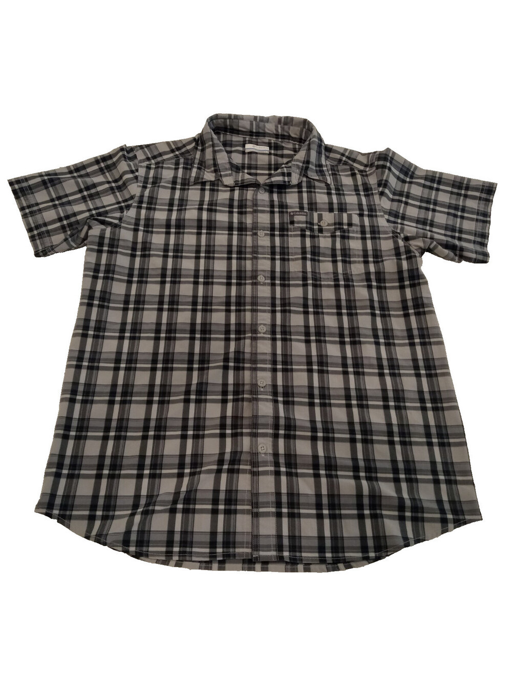 Columbia Shirt Mens Large Gray Black Plaid Short Sleeve Stretch Chest Pocket L